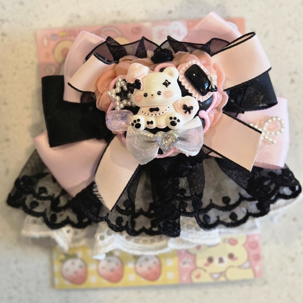 Pink and Black Hair Clip with Bear Charm